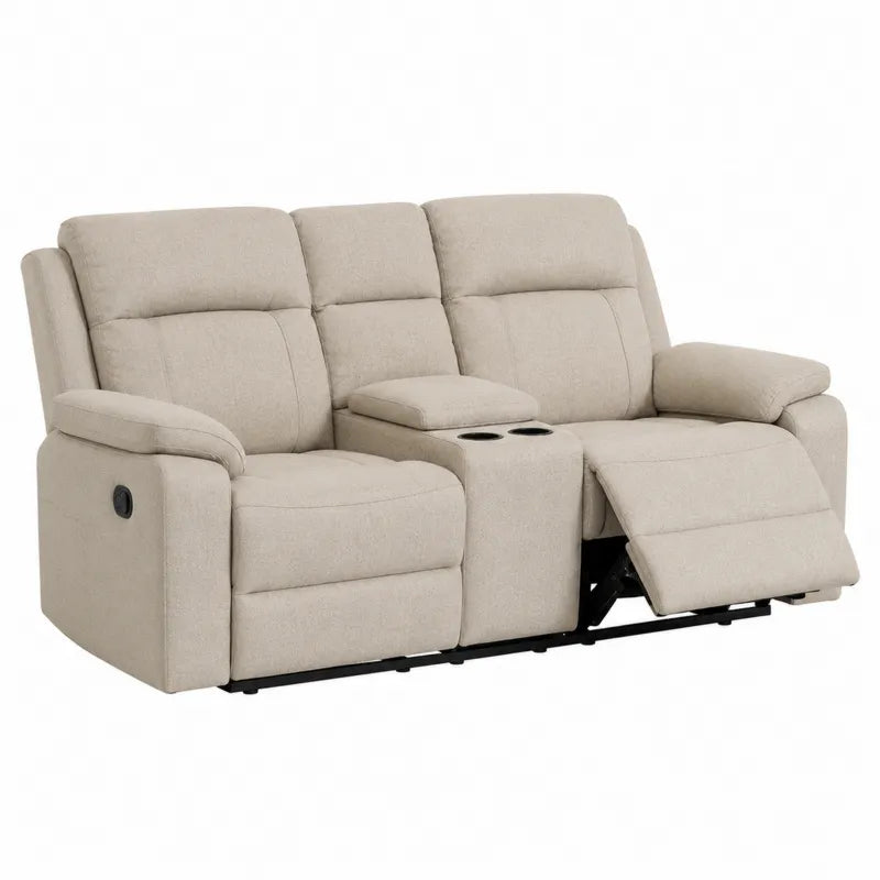 Kremowa sofa dwuosobowa rozk?adana z uchwytami na kubki, tkanina
