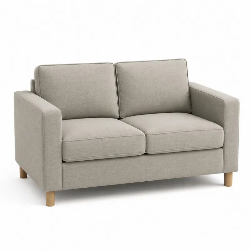 Be?owa sofa dwuosobowa z lnu z drewnian